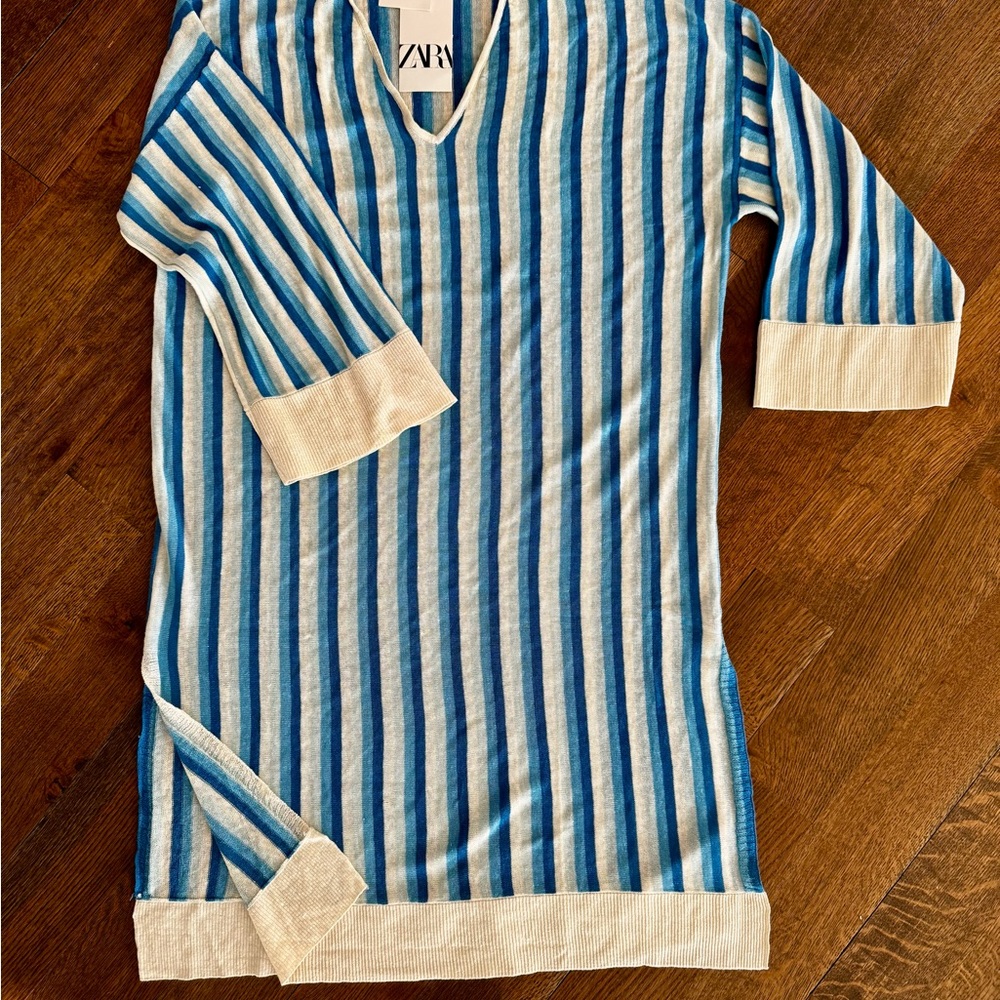 Zara Linen Knit Blue Stripe V-Neck Cover/Coastal Resort Tunic NWT